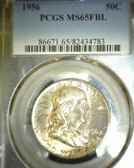 1956 P Franklin Half Dollar slabbed "PCGS MS 65 FBL".