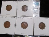 1910 S, 11 D, 11 S, 12 D, & 12 S Lincoln Cents, all Key dates and grading Fine-VF..