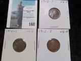 1913 S, 14 S, & 15 S Lincoln Cents, All VG.