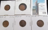 1913 S, 14 S, 15 S, 24 D, & 26 S Lincoln Cents, all grading VG-Fine.