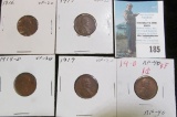 1916 P, 17 P, 18 D, 19 P, & 19 D Lincoln Cents, all grading VF-EF.