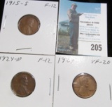 1915 S, 24 D, & 26 S  Key Date Lincoln Cents, All Fine.