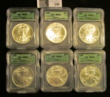 Six-piece slabbed ICG-MS69 American Eagle .999 Fine Silver Dollars Set in box. Box shows some wear.