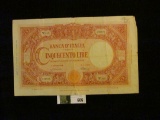 1943 World War II Five Hundred Lire Banknote from Italy. Large size. Catalogs $50.00.