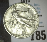 1913R Italy 20 Centesimi, depicts a nude woman flying in the clouds.