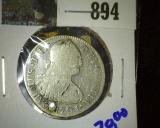 1791 Colonial Mexico Silver Two Reals, holed.