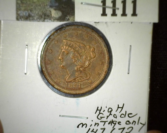 1851 High Grade U.S. Half Cent, low mintage of only 147,672.