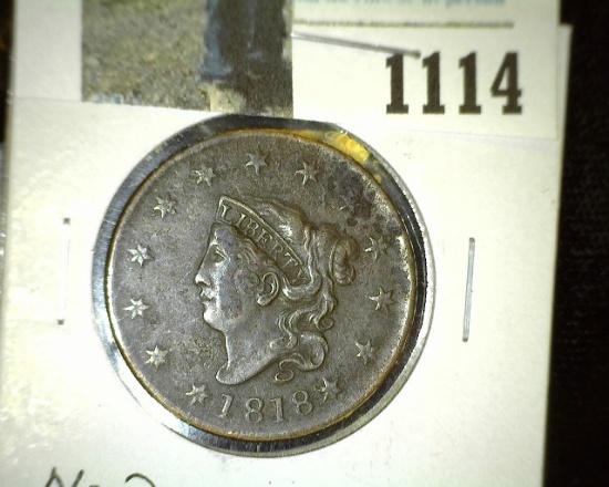 1818 U.S. Large Cent, Newcomb # 3, R-3, EF details.