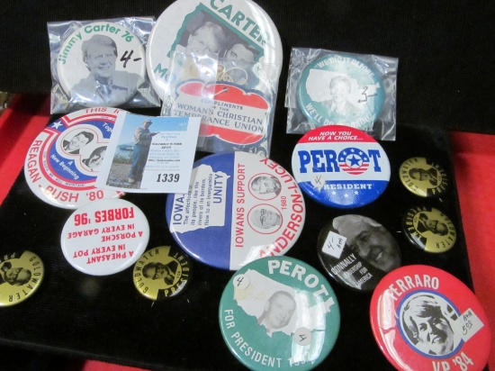 Group of various Political Pin-backs including a "Temperance Union" Hang tag.