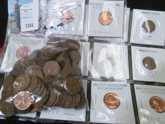 (16) Carded Lincoln Cents in partial plastic pages, several BU; & a bag of 200 unsorted Wheat Cents.