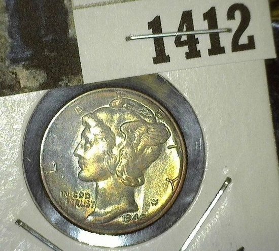 1942 P Mercury Dime, Brilliant Uncirculated with spectacular toning.