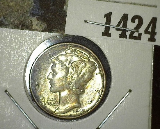 1945 P Mercury Dime, Brilliant Uncirculated with spectacular toning.