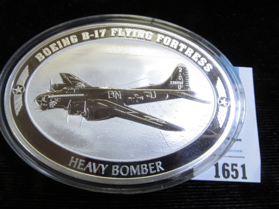 Large oval Silver-colored Proof Medal "Boeing B-17 Flying Fortress Heavy Bomber", encased. Very attr