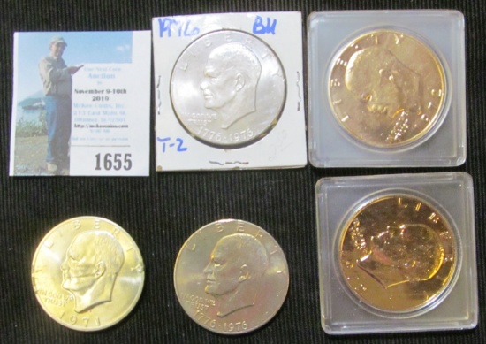 (2) Gold-plated 1972 Eisenhower Dollars; 1976 P Type 2 Gold toned Eisenhower Dollar; 1971 S BU Silve