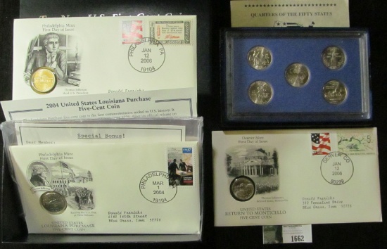 Set of Four 2004 Commemorative Covers with Nickels; & 2000 Five Quarter Uncirculated set in box.