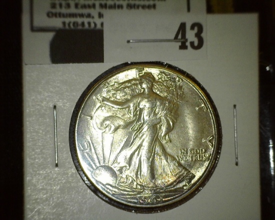 1947 D Walking Liberty Half Dollar, Super Gem BU with just a hint of toning on the lower obverse.