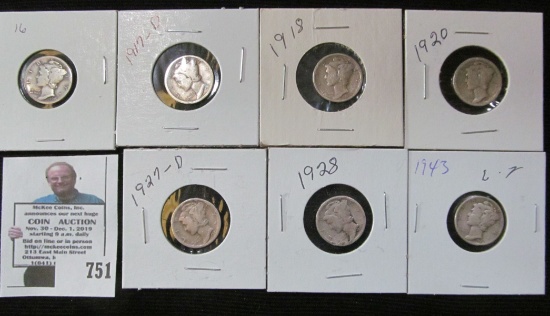 1916P, 17D, 18P, 20P, 27D, 28P, & 43P Mercury Dimes.