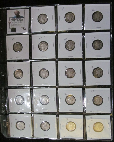 (19) Mercury Dimes in a 20-pocket Plastic page. Grades up to EF. 1923-39D.