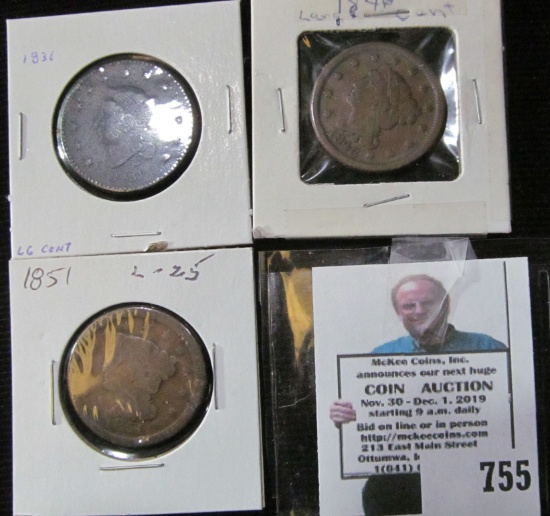 1831, 1846, & 1851 U.S. Large Cents. Good to VG+.