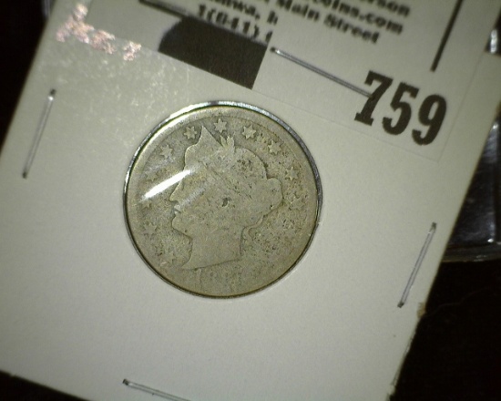 1885 Liberty "V" Nickel, Key date, AG.