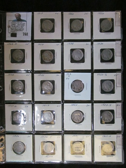 Twenty-pocket plastic page with (19) Buffalo Nickels, includes 1918 D.