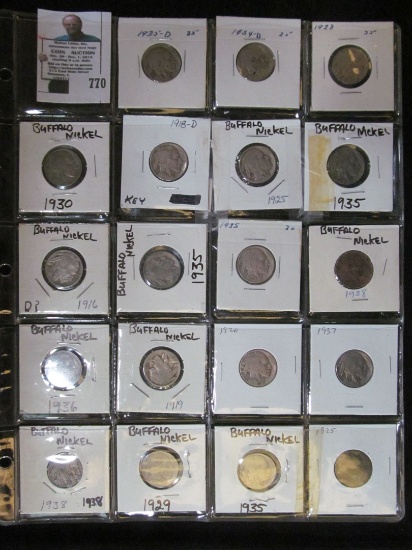 Twenty-pocket plastic page with (19) Buffalo Nickels, includes 1918 D.