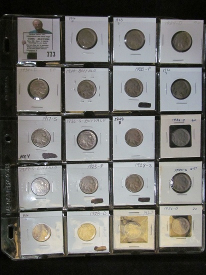 Twenty-pocket plastic page with (19) Buffalo Nickels, includes 1920 D & 23 S.