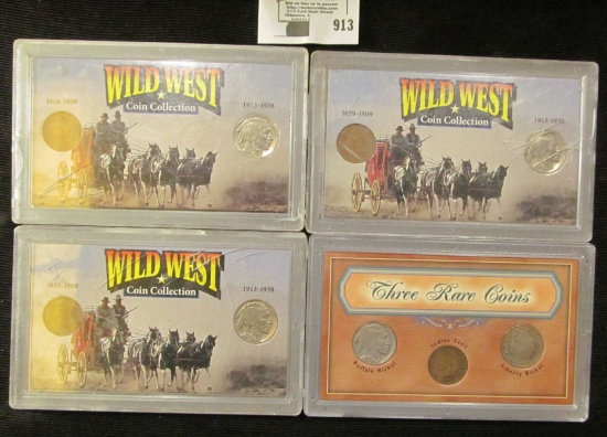 (3) Wild West Coin Sets; & "Three Rare Coins" Set in plastric cases.
