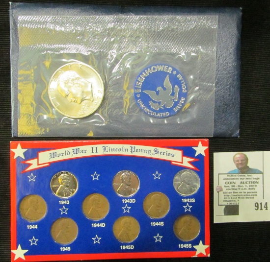 1972 S Eisenhower Gem BU Silver Dollar in blue pack as issued; & World War II Lincoln Penny Series S