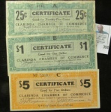 April 10th, 1933 Clarinda, Iowa Depression Scrip Three-piece Set.  MS #:  IA220-.25A, 5A, & 1. Each