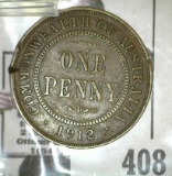 1912 Australia One Penny, damaged.