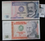 Ten & Fifty Intis 1987 Bank notes from the Central Reserve Bank of Peru. Both Crisp Uncirculated.