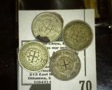 1941, 42, 43, & 44 World War II Silver Great Britain Three Pence Coins.