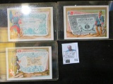 (3) 1880 era Postcards depicting currency from France; Italy, & Germany.