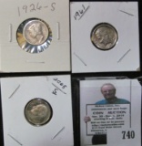 1926 S Mercury Dime; 1961 P Proof Roosevelt Dime; & 2005 S Proof Roosevelt Dime.