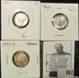 1941 P Mercury Dime, EF-AU; 1960 P Proof & 1997 S Proof Roosevelt Dimes.