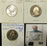 1964 P Proof, 79 S Proof, & 2000 S Massachusetts Proof Quarters.