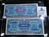 Pair of Crisp Uncirculated Series 1944 France 50 & 100 Franc Notes, catalog value is $80.00.