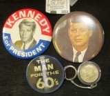 Political Pin-back Lot With 2 John F Kennedy Pins, A Bobby Kennedy Pin, & a JFK Key Chain with a Sil