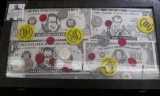 Nice hinged Display case with a Collection of Richard Nixon satirical Scrip and various O.P.A., tax,