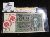 1929 German 10 Reichemark Banknote with a pair of WW II Nazi Wehrmact Stamps.