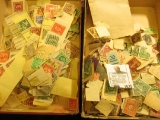 Box of Old Postage Stamps, unsorted and never checked for rarities. Includes Germany, Canada. Denmar