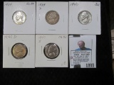 1939 P BU, 39 D VF, 40 P BU, D BU, S Choice BU Jefferson Nickels.