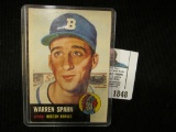 1953 Topps Warren Spahn No. 147 mounted in hard plastic holder.