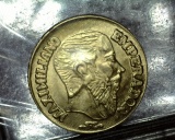 1865 Period Mexico Gold Fantasy Peso featuring Maximilian, Eagle, and Snake under legend 