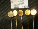 Set of five Gold-plated Stick Pins, which resemble California Fractional gold pieces and were origin