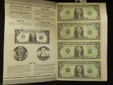 1985 Uncut Sheet Of Four One Dollar Federal Reserve Notes