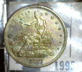1877 S U.S. Silver Trade Dollar, EF-AU with blue and lavendar toning.