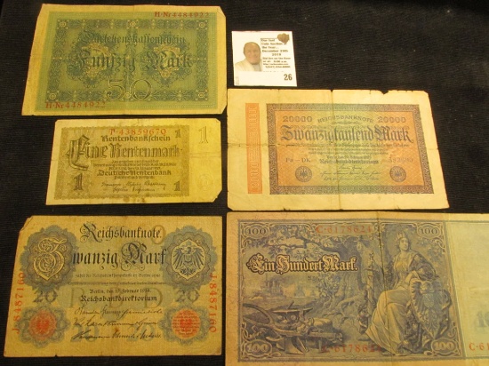 Five note set of old German Banknotes. Includes One Rentenmark, 20, 50, 100, & 20,000 Mark notes.