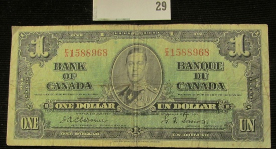 January 1937 "Bank of Canada" One Dollar Banknote, VG.